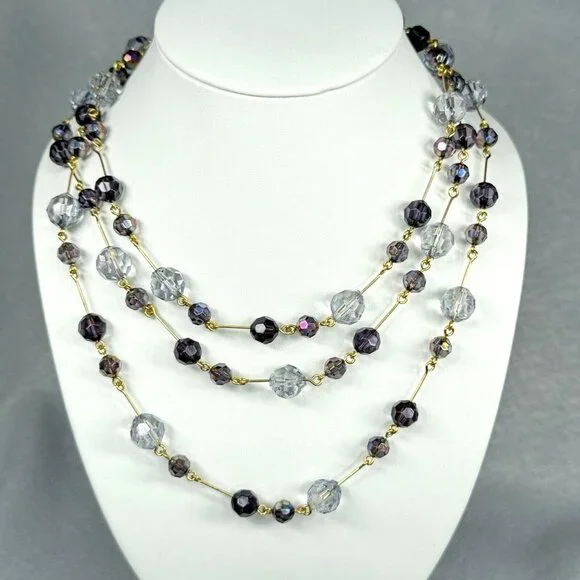 Joan Rivers Beaded Necklace Clear Purple AB Faceted Gold Tone Long Layer 60" - Picture 3 of 10